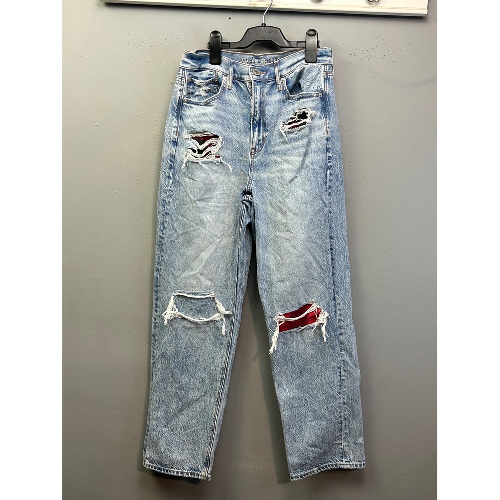 American Eagle Jeans Womens 6 Blue 90s Boyfriend Highest Rise Distressed Flannel